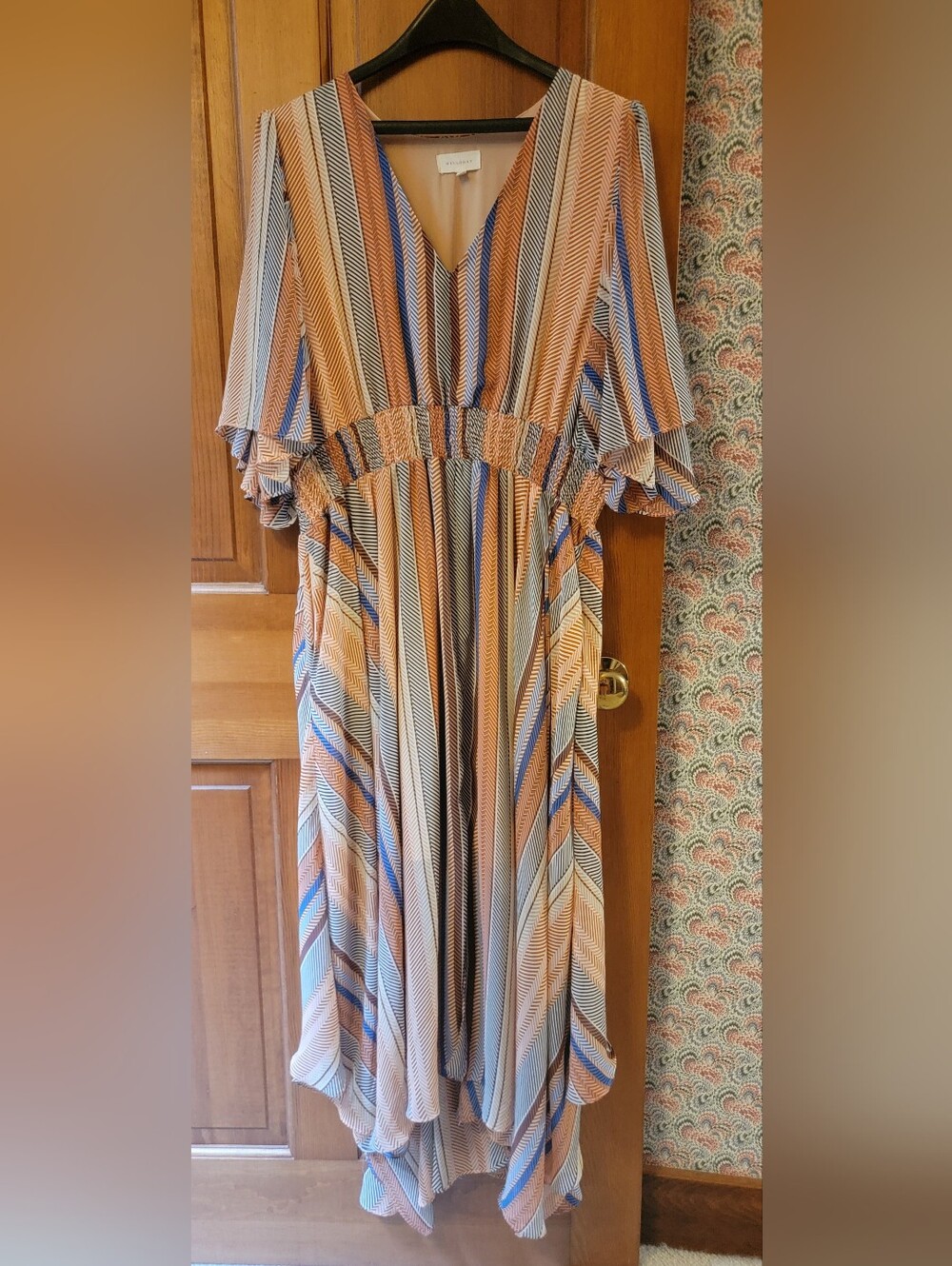 Melloday Boho Striped High-Low Maxi Dress Plus Size 1X Smocked Flutter Sleeve